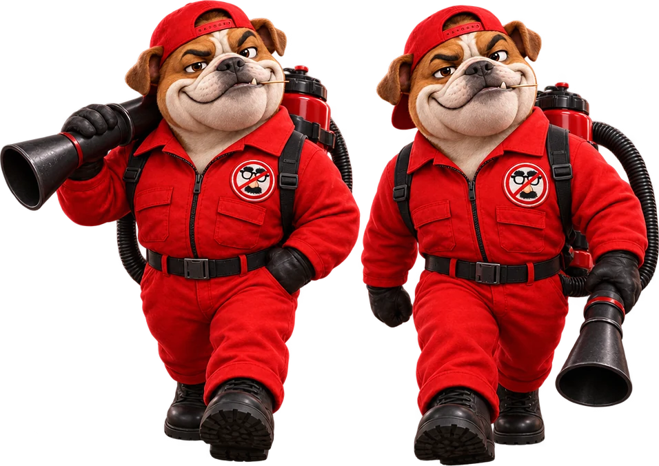 Buster and his partner, two bulldog exterminators, walking in with their vacuums
