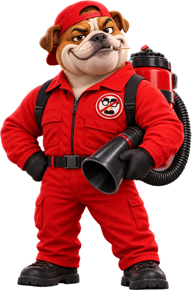 Buster standing with his vacuum nozzle
